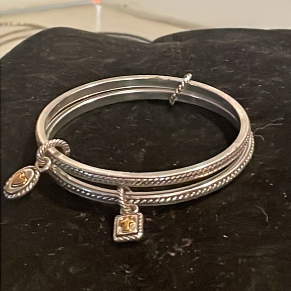 Two 8” silver tone double diamond etched bangle bracelets with 1” charms - Picture 3 of 14